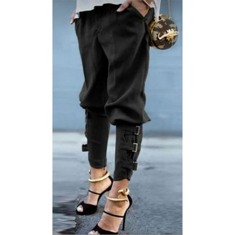Calvin Rucker Buckle Strap Hem Slouchy Trouser Pants Size 4 NWT Solid Black